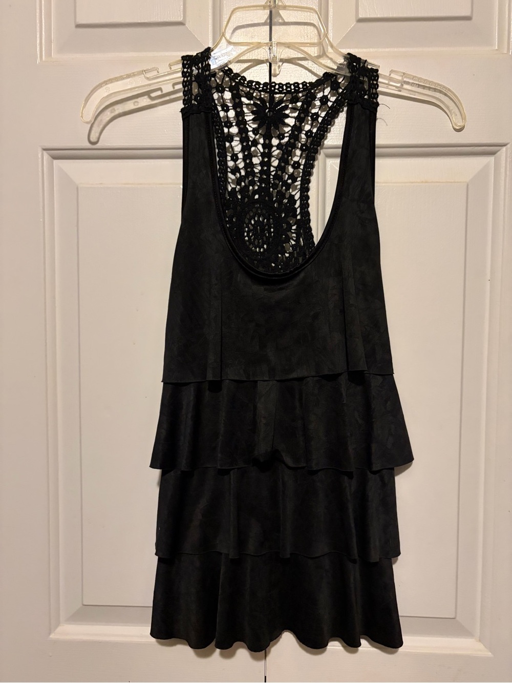 Bwear Black Crochet-Back Tiered Mini Dress with Racerback Detail